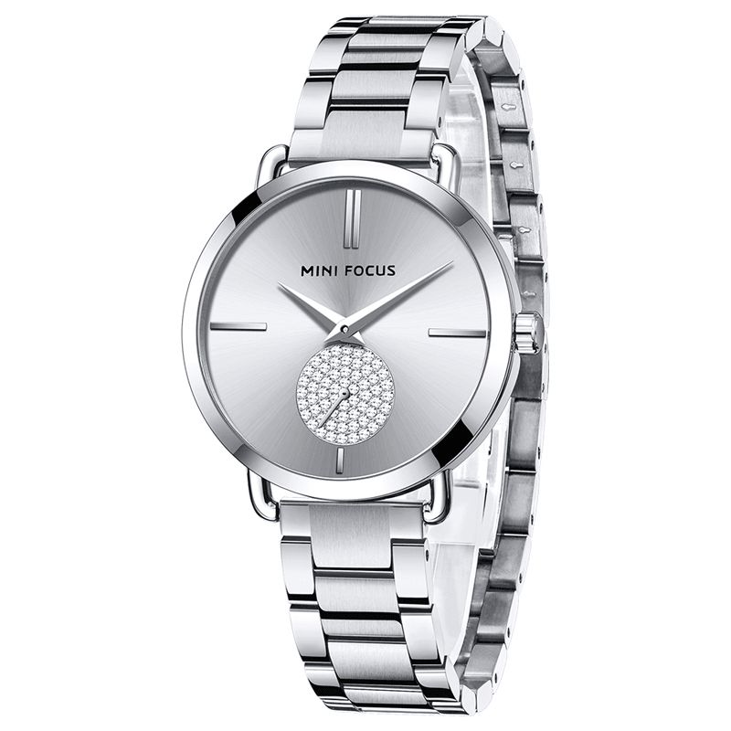 Mini Focus 0222L Casual Style Crystal Little Dial Kvinnor Armbandsur Vattentät Full Steel Kvartsur