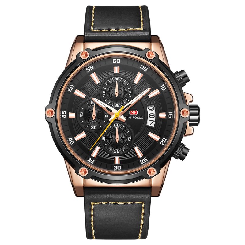 Mini Focus Mf0175G Militärstil Luminous Date Läderrem Herrarmbandsur Kvartsur