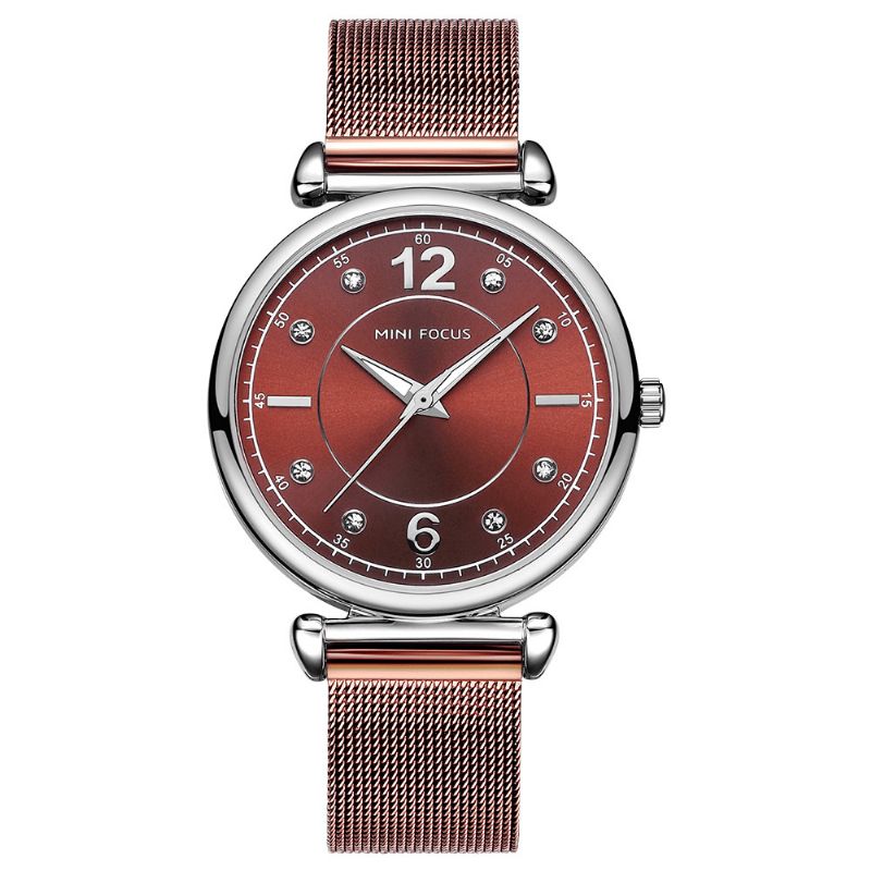 Mini Focus Mf0177L Elegant Design Mesh Stål Dam Armbandsur Kristall Dam Kvartsur