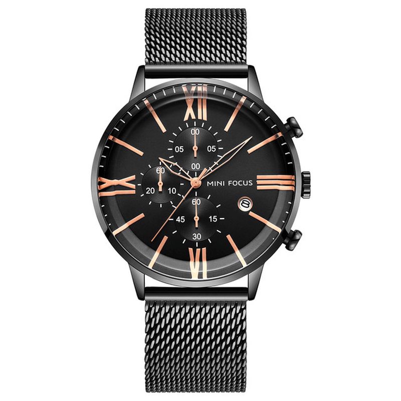 Mini Focus Mf0236G Business Chronograph Calendar Mesh Steel Kvartsur Herrarmbandsur