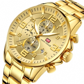 Mini Focus Mf0278G Royal Golden Rostfritt Stål Chronograph Business Kvartsur Herrarmbandsur