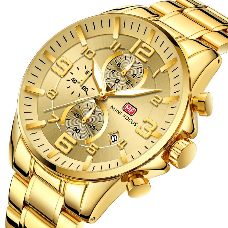 Mini Focus Mf0278G Royal Golden Rostfritt Stål Chronograph Business Kvartsur Herrarmbandsur