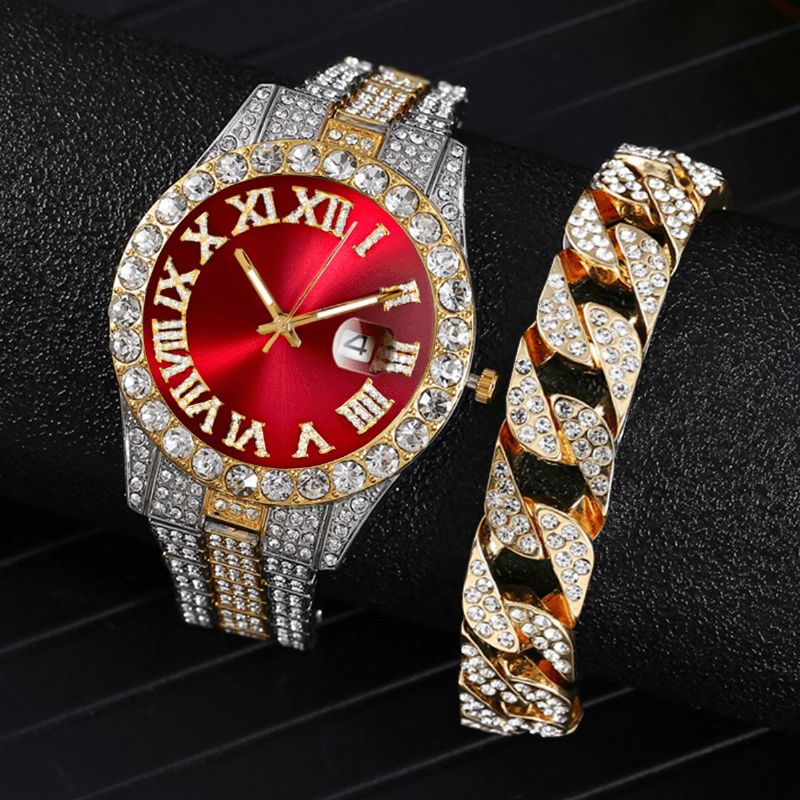 Mode 2 St Set Legering Diamond Business Watch Dekorerad Pointer Kvartsur Armband