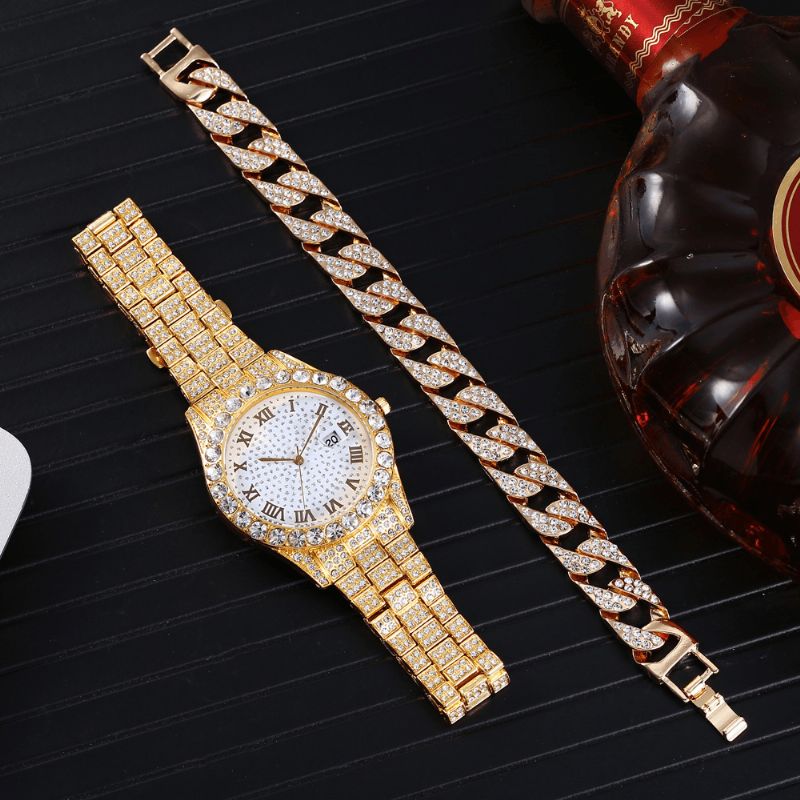 Mode 2 St Set Legering Diamond Business Watch Dekorerad Pointer Kvartsur Armband