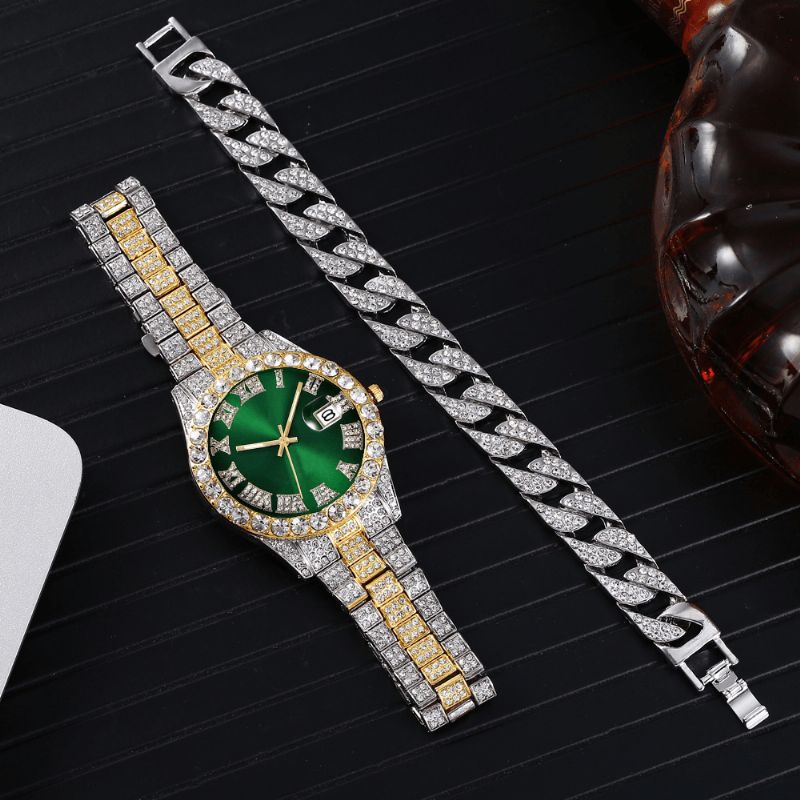 Mode 2 St Set Legering Diamond Business Watch Dekorerad Pointer Kvartsur Armband