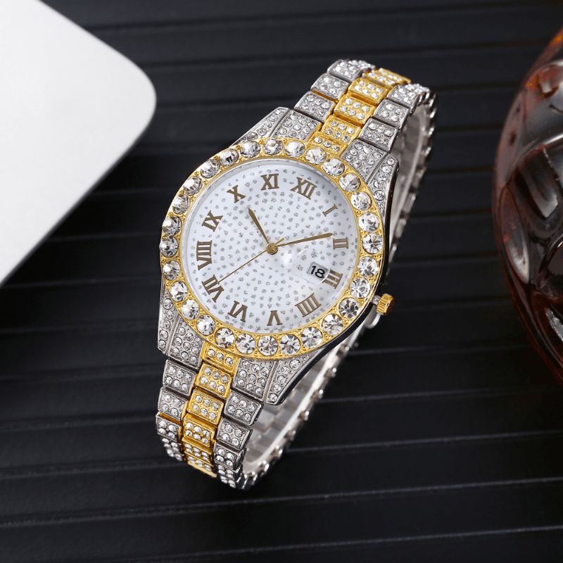 Mode 2 St Set Legering Diamond Business Watch Dekorerad Pointer Kvartsur Armband