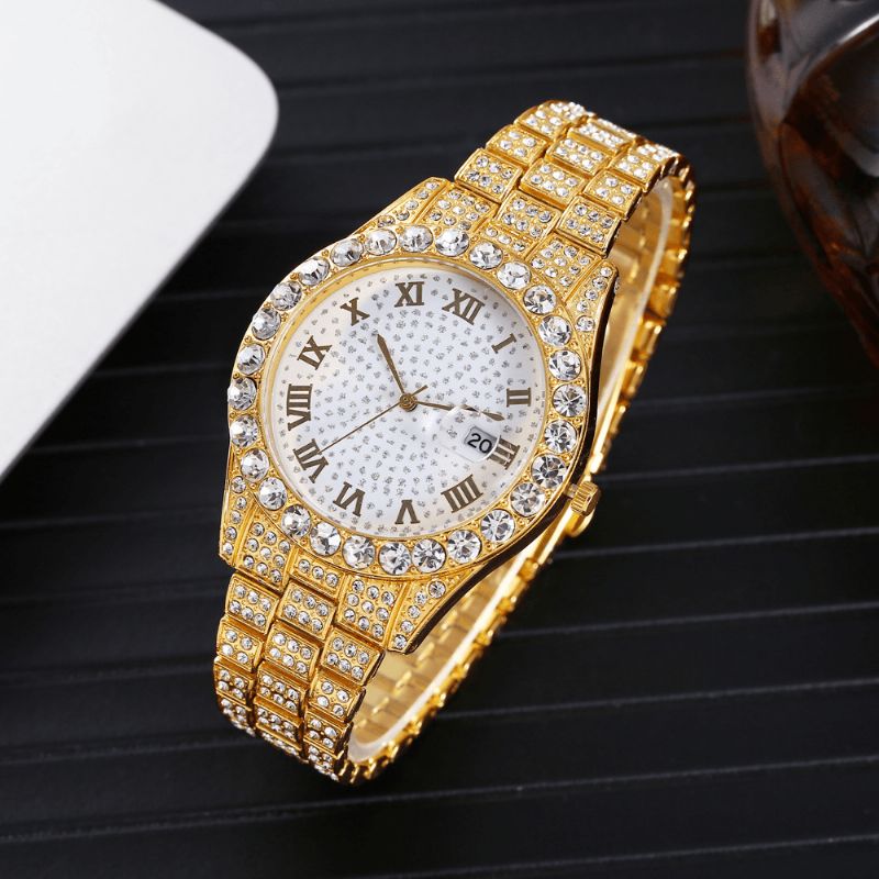 Mode 2 St Set Legering Diamond Business Watch Dekorerad Pointer Kvartsur Armband