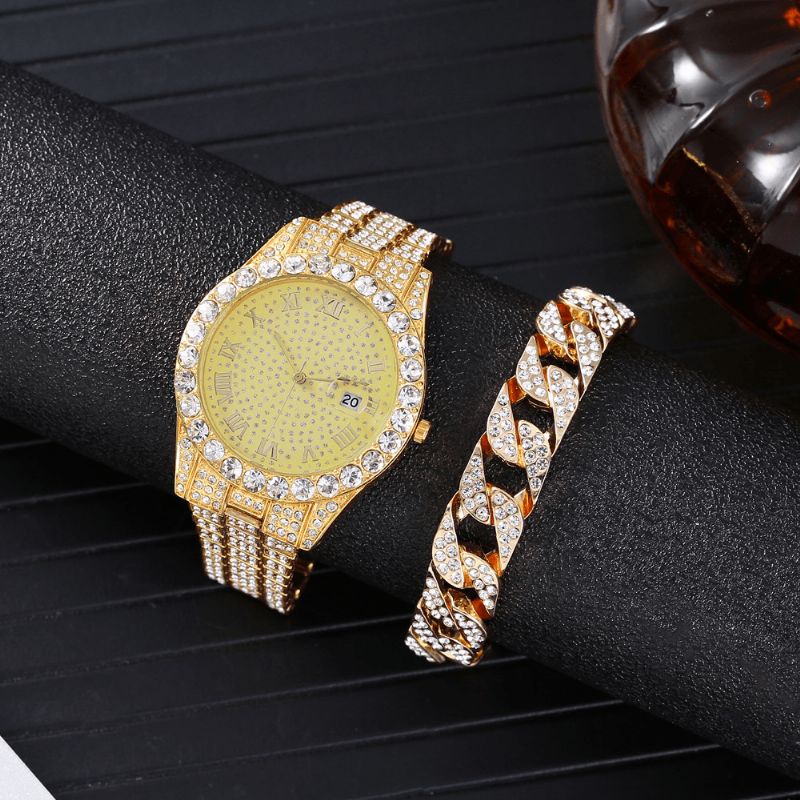 Mode 2 St Set Legering Diamond Business Watch Dekorerad Pointer Kvartsur Armband