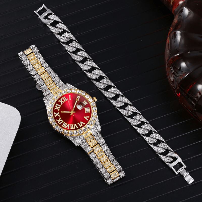 Mode 2 St Set Legering Diamond Business Watch Dekorerad Pointer Kvartsur Armband