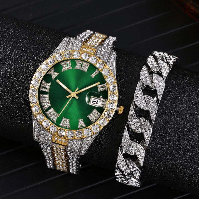 Mode 2 St Set Legering Diamond Business Watch Dekorerad Pointer Kvartsur Armband