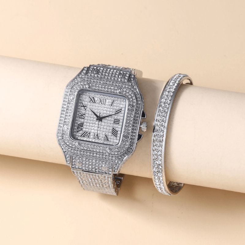 Mode Alloy Business 2 St Square Full Diamond Steel Band Kvartsur Armband Set