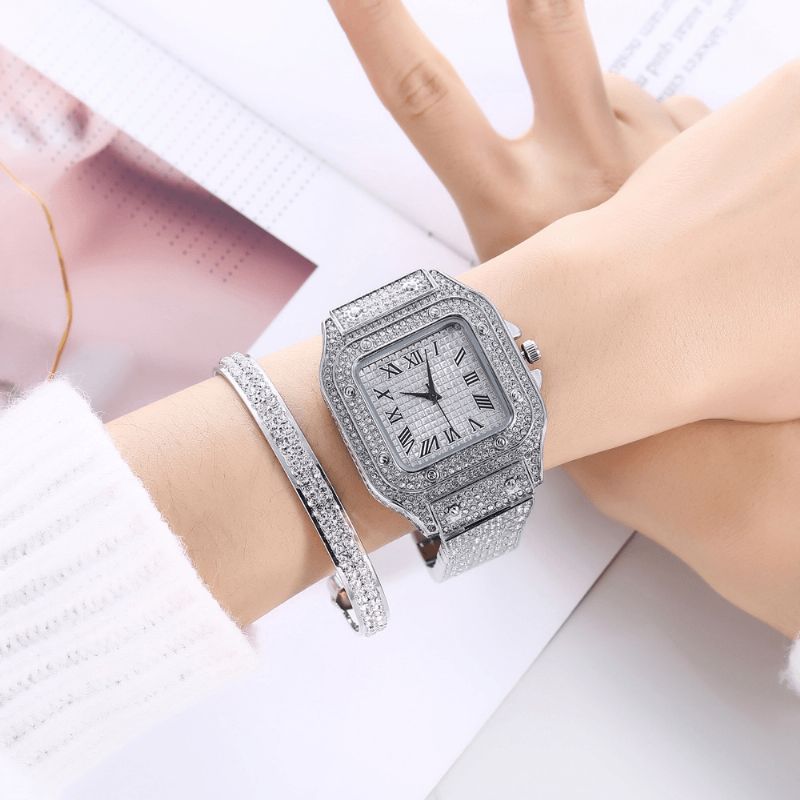 Mode Alloy Business 2 St Square Full Diamond Steel Band Kvartsur Armband Set