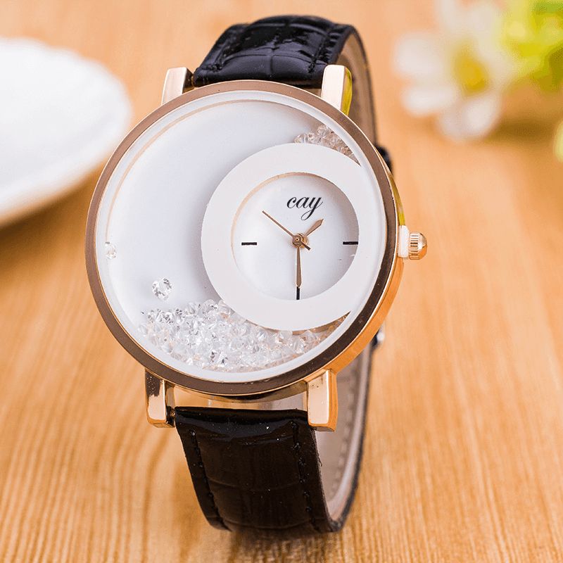 Mode Casual Damklocka Crystal Dial Läderrem Kvinnlig Kvartsur