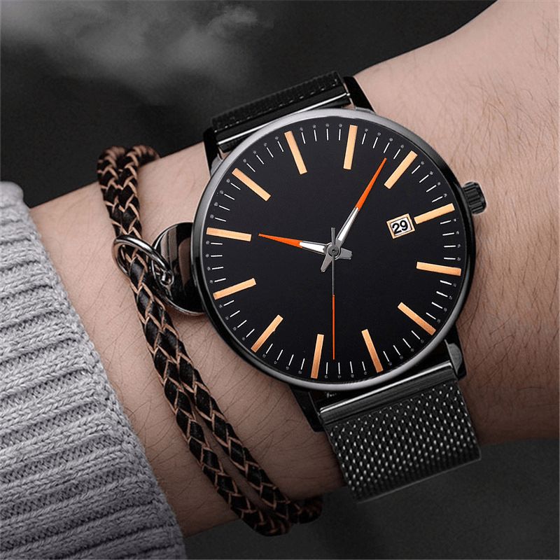 Mode Casual Män Business Watch Dekorerad Legering Band Pointer Calendar Kvartsur