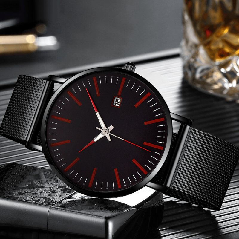 Mode Casual Män Business Watch Dekorerad Legering Band Pointer Calendar Kvartsur