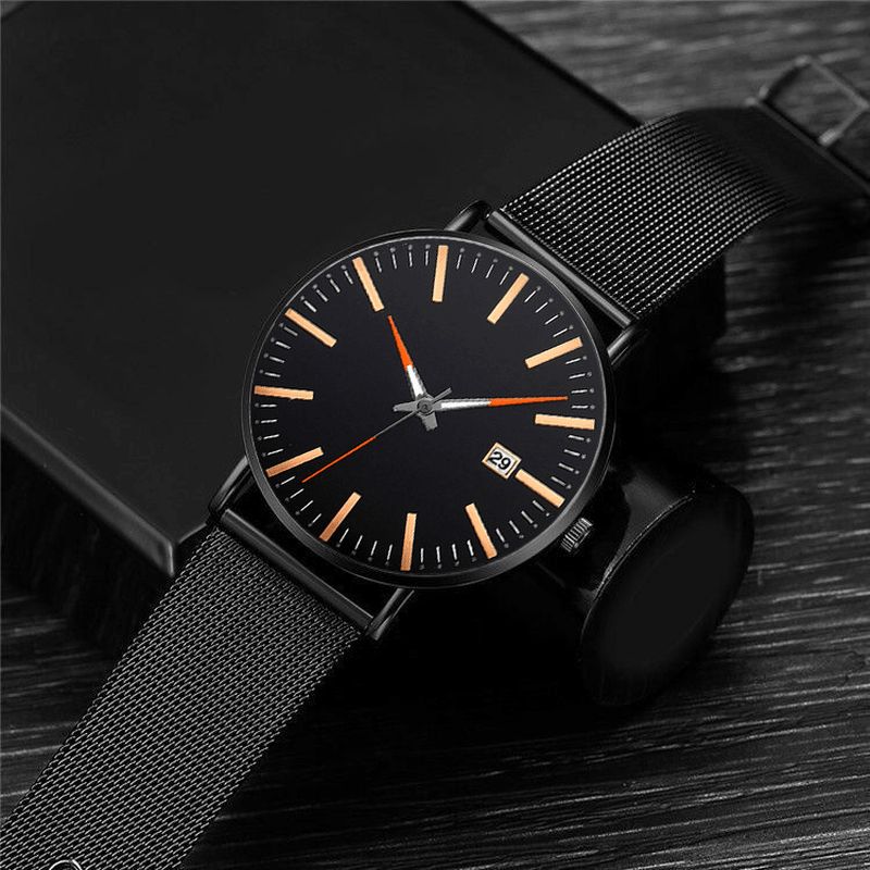 Mode Casual Män Business Watch Dekorerad Legering Band Pointer Calendar Kvartsur