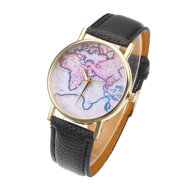 Mode Casual Pu-Läderrem Map Dial Kvinnor Armbandsur Kvartsur