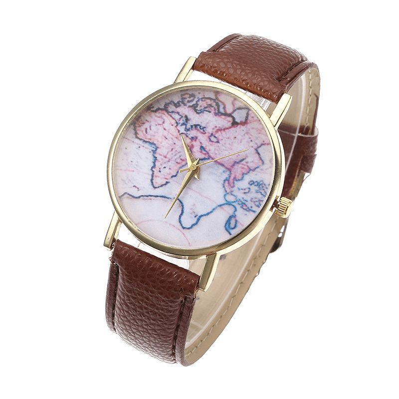 Mode Casual Pu-Läderrem Map Dial Kvinnor Armbandsur Kvartsur