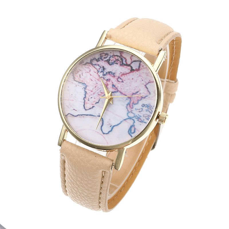 Mode Casual Pu-Läderrem Map Dial Kvinnor Armbandsur Kvartsur