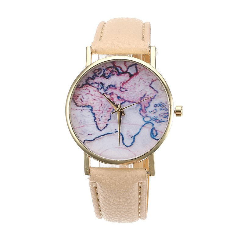 Mode Casual Pu-Läderrem Map Dial Kvinnor Armbandsur Kvartsur