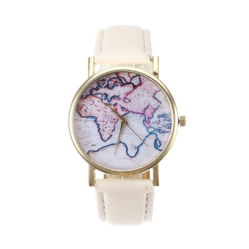 Mode Casual Pu-Läderrem Map Dial Kvinnor Armbandsur Kvartsur