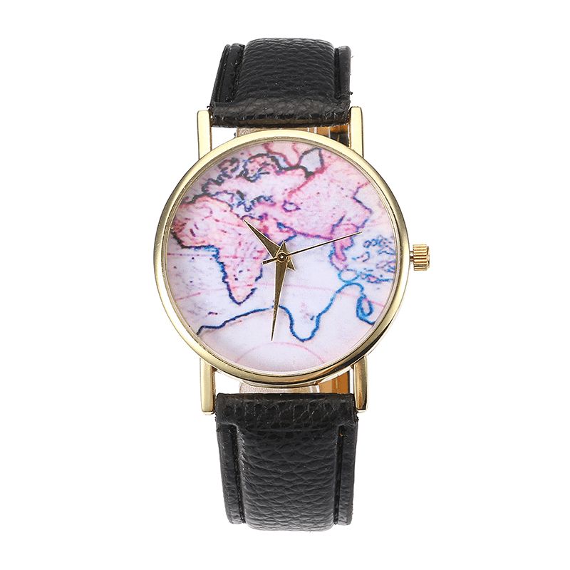 Mode Casual Pu-Läderrem Map Dial Kvinnor Armbandsur Kvartsur