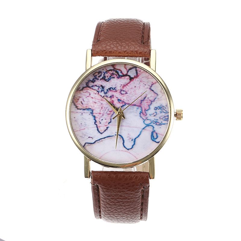 Mode Casual Pu-Läderrem Map Dial Kvinnor Armbandsur Kvartsur