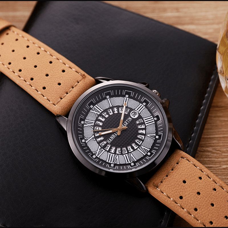 Mode Casual Romerska Siffror Creative Dial Date Display Läderrem Herr Kvartsur