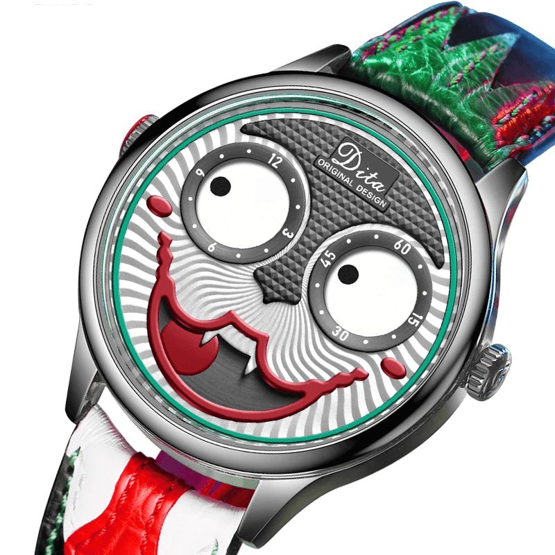 Mode Creative Joker Dial Läder Rostfritt Stål Armband Personlighet Legering Män Kvartsur