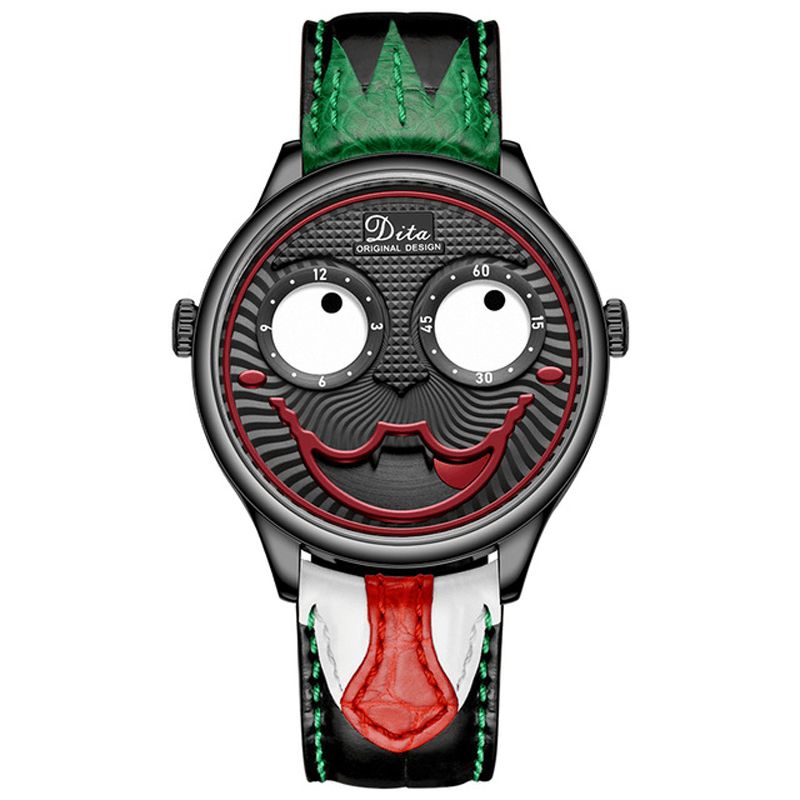 Mode Creative Joker Dial Läder Rostfritt Stål Armband Personlighet Legering Män Kvartsur