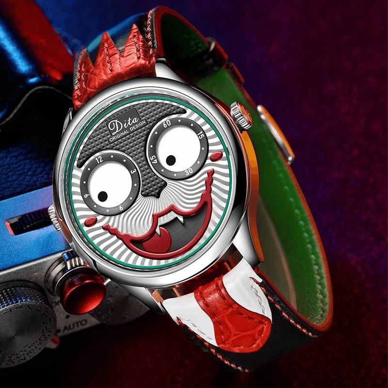 Mode Creative Joker Dial Läder Rostfritt Stål Armband Personlighet Legering Män Kvartsur