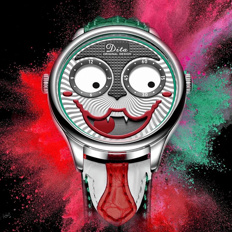 Mode Creative Joker Dial Läder Rostfritt Stål Armband Personlighet Legering Män Kvartsur