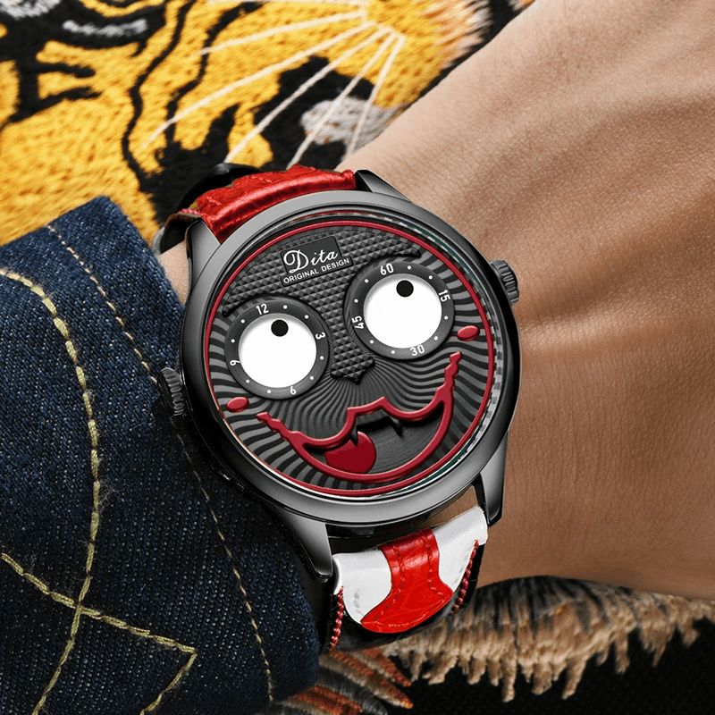 Mode Creative Joker Dial Läder Rostfritt Stål Armband Personlighet Legering Män Kvartsur