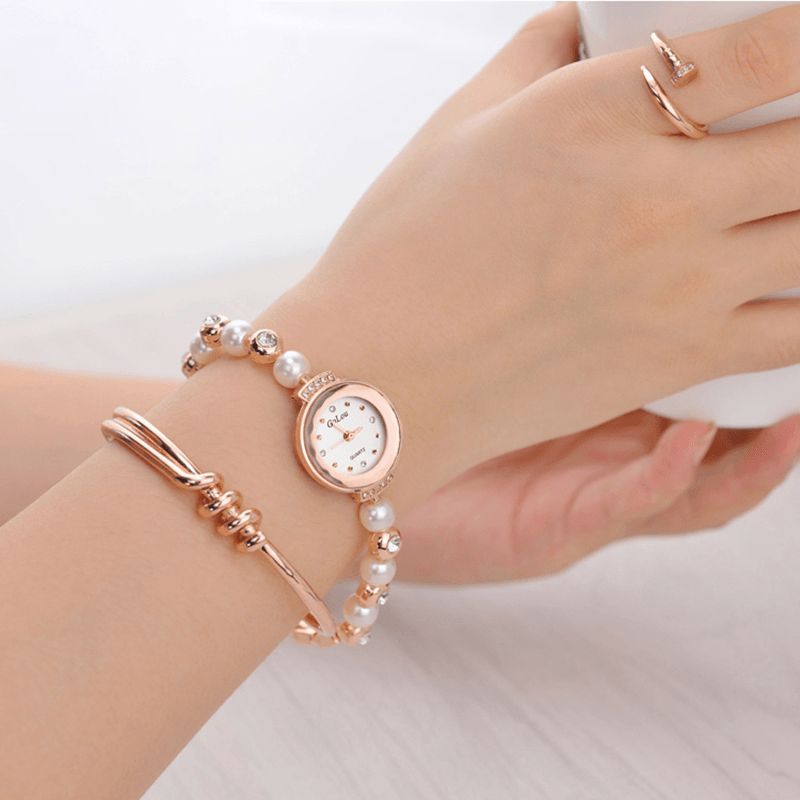 Mode Diamond Elegant Pearl Lady Armband Watch Dam Kvartsur