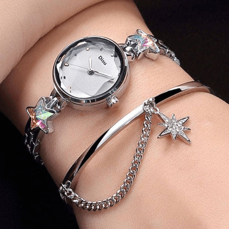 Mode Lyx Elegant Crystal Lucky Star Mönster Damarmband Armbandsur Kvartsur