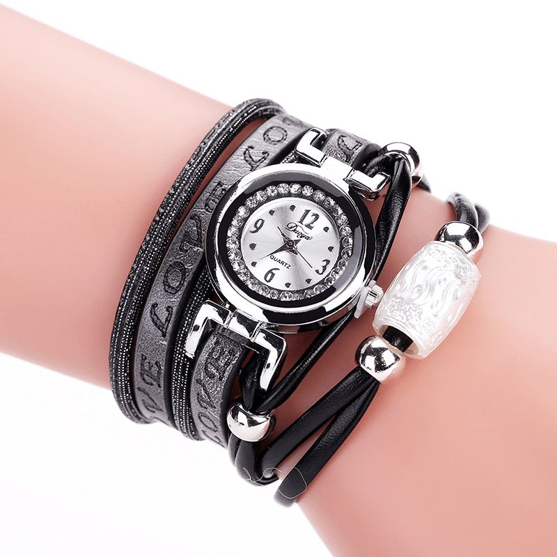 Mode Lyx Rhinestone Pu Läder Kvinnor Kvartsur Armband Watch