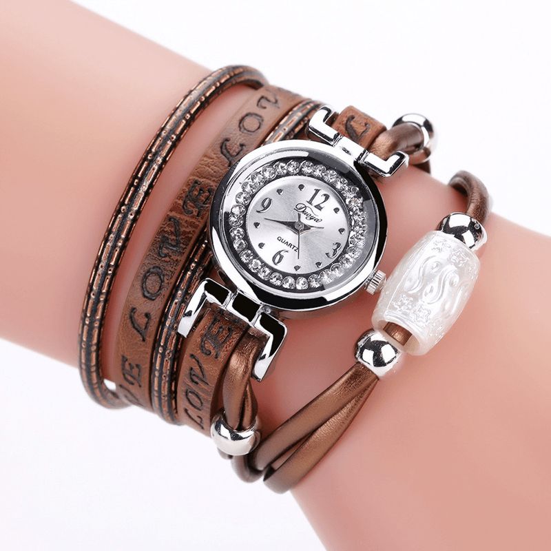 Mode Lyx Rhinestone Pu Läder Kvinnor Kvartsur Armband Watch