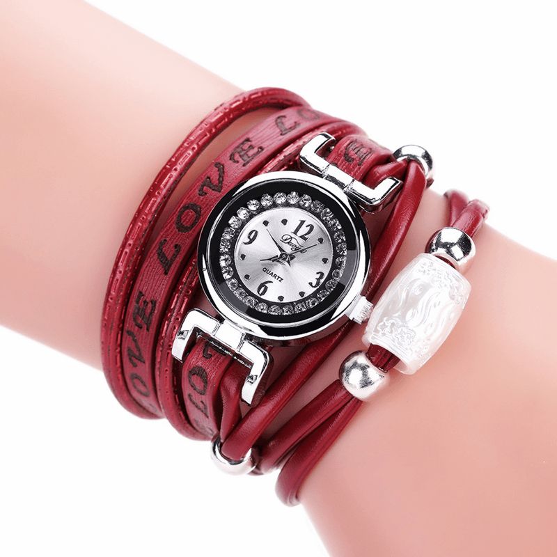 Mode Lyx Rhinestone Pu Läder Kvinnor Kvartsur Armband Watch