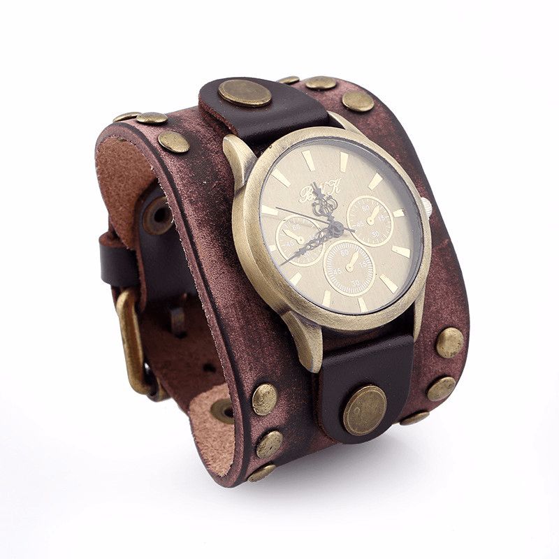 Mode Punk Vintage Äkta Läder Män Kvartsur Armband Watch