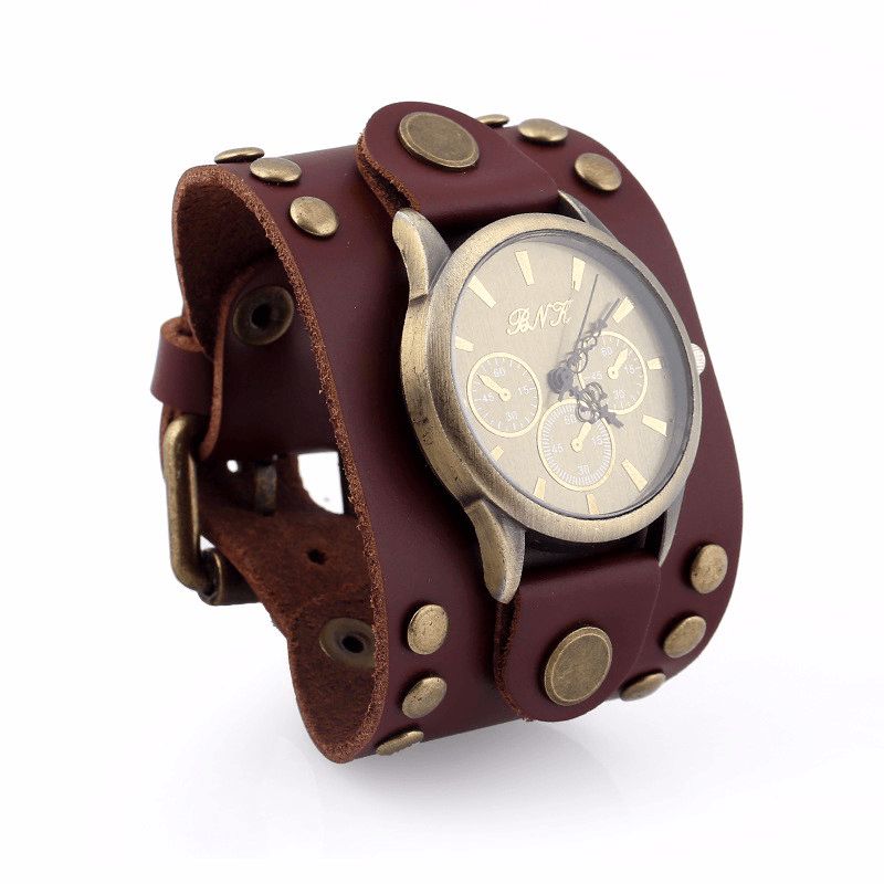 Mode Punk Vintage Äkta Läder Män Kvartsur Armband Watch