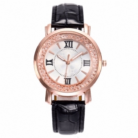 Mode Rose Gold Flödande Crystal Romerska Siffror Dam Klänning Armband Läder Kvinnor Kvartsur