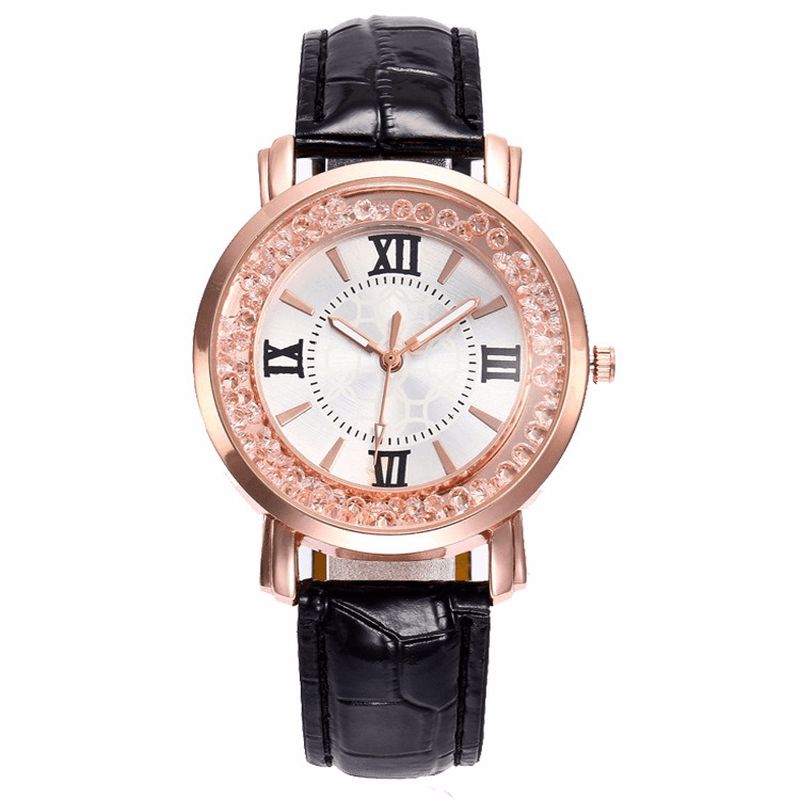 Mode Rose Gold Flödande Crystal Romerska Siffror Dam Klänning Armband Läder Kvinnor Kvartsur