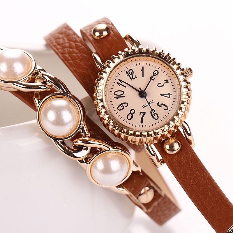 Mode Three Pearl Damklocka Damklänning Watch Armband Kvartsur