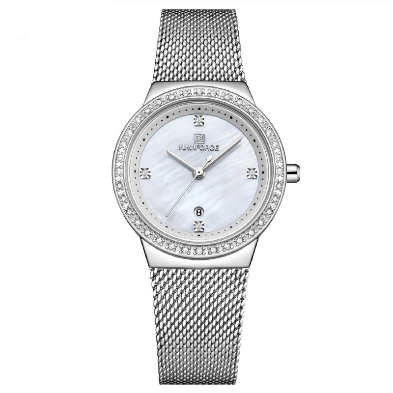 Naviforce 5005 Diamonds Casual Style Dam Armbandsur Mesh Stål Datum Display Kvartsur