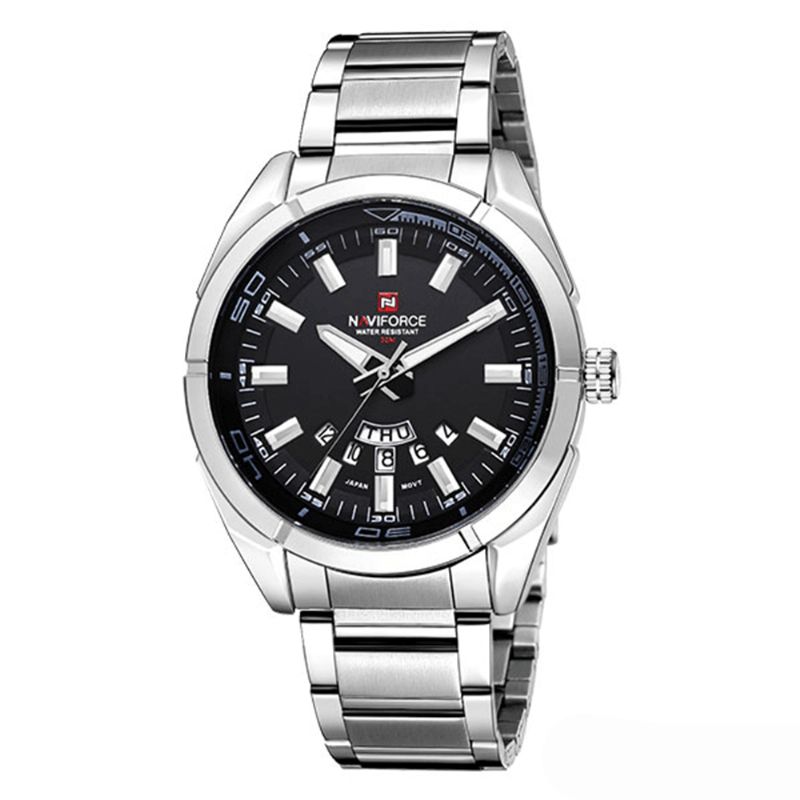 Naviforce 9038 Vattentät Kalender För Män Armbandsur Lysande Display Full Steel Clock Kvartsur