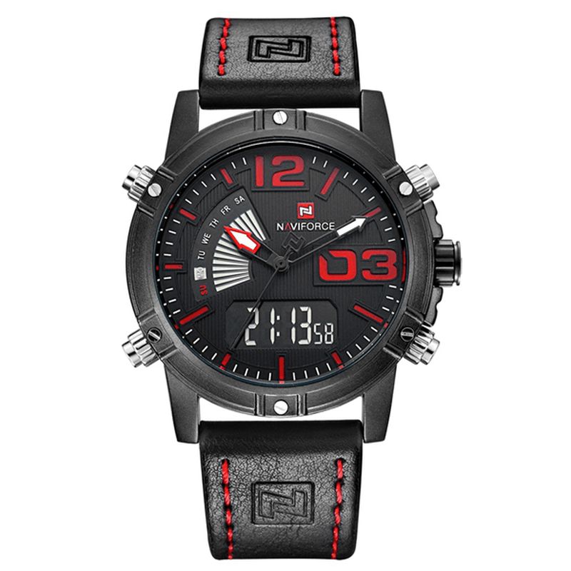 Naviforce 9095 Mode Sport Herrklocka Casual Läderband Sport Dual Movement Armbandsur