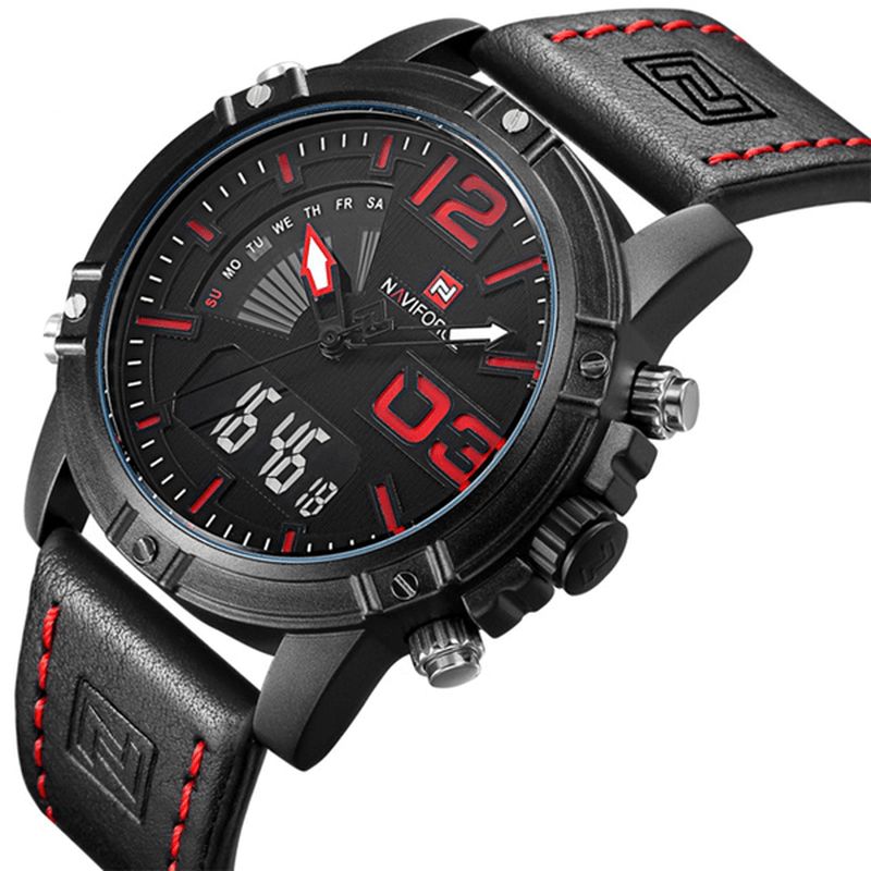 Naviforce 9095 Mode Sport Herrklocka Casual Läderband Sport Dual Movement Armbandsur