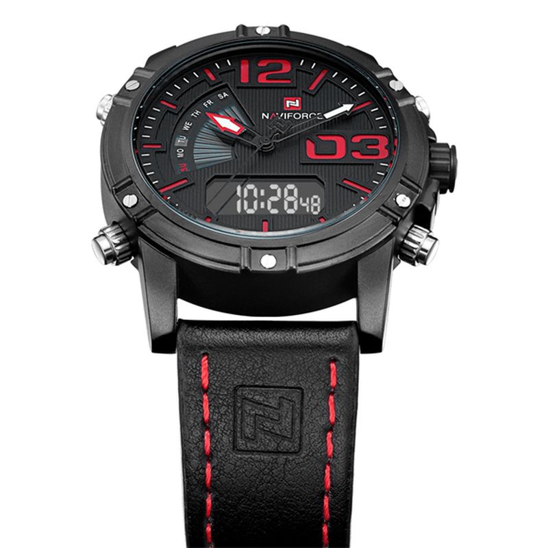 Naviforce 9095 Mode Sport Herrklocka Casual Läderband Sport Dual Movement Armbandsur