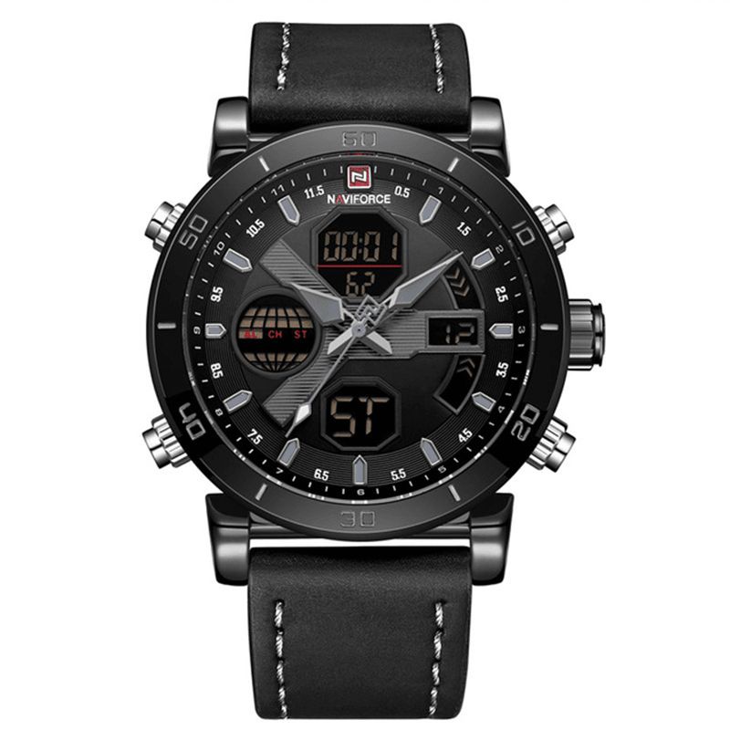 Naviforce 9132 Dual Display Digital Watch Herr Luminous Calendar Watch Läderarmband Watch