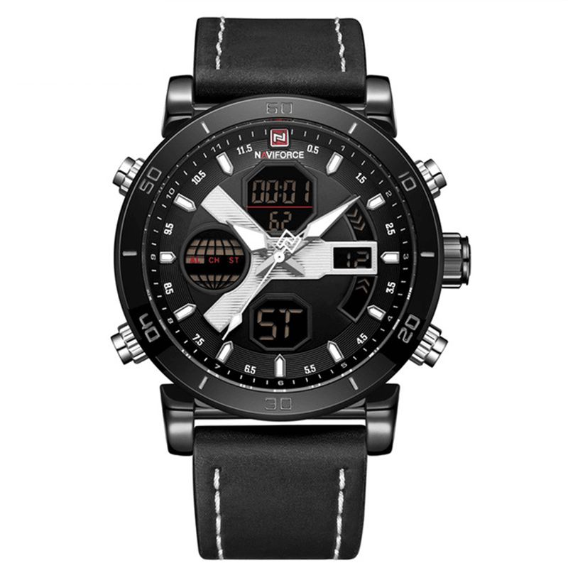 Naviforce 9132 Dual Display Digital Watch Herr Luminous Calendar Watch Läderarmband Watch